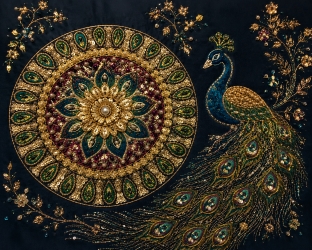 Paon Saphir inspiré de la broderie indienne, avec motifs de perles, paillettes et fil d’or